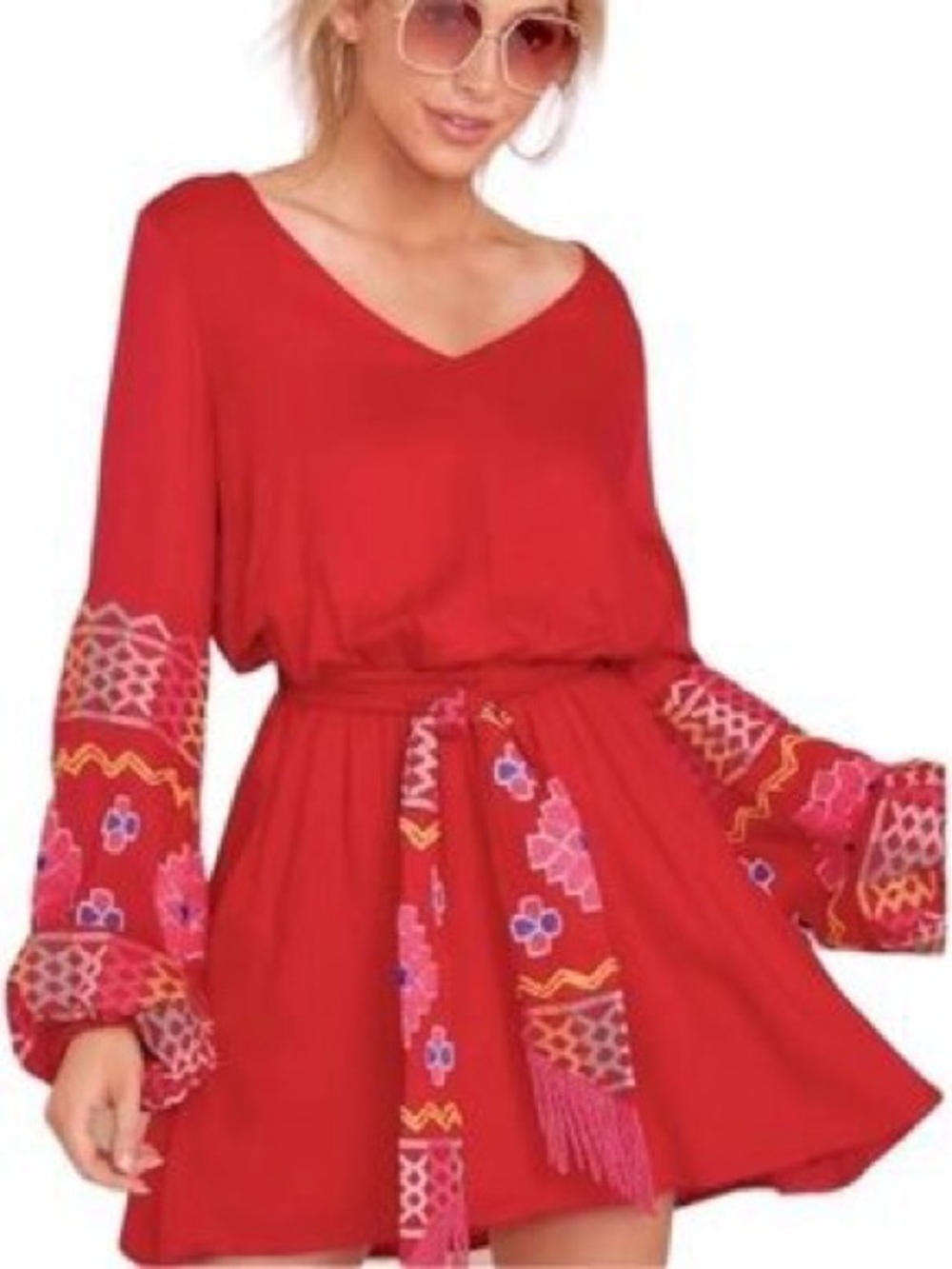 Judith March Red Embroidered Bell-Sleeve Mini Dress